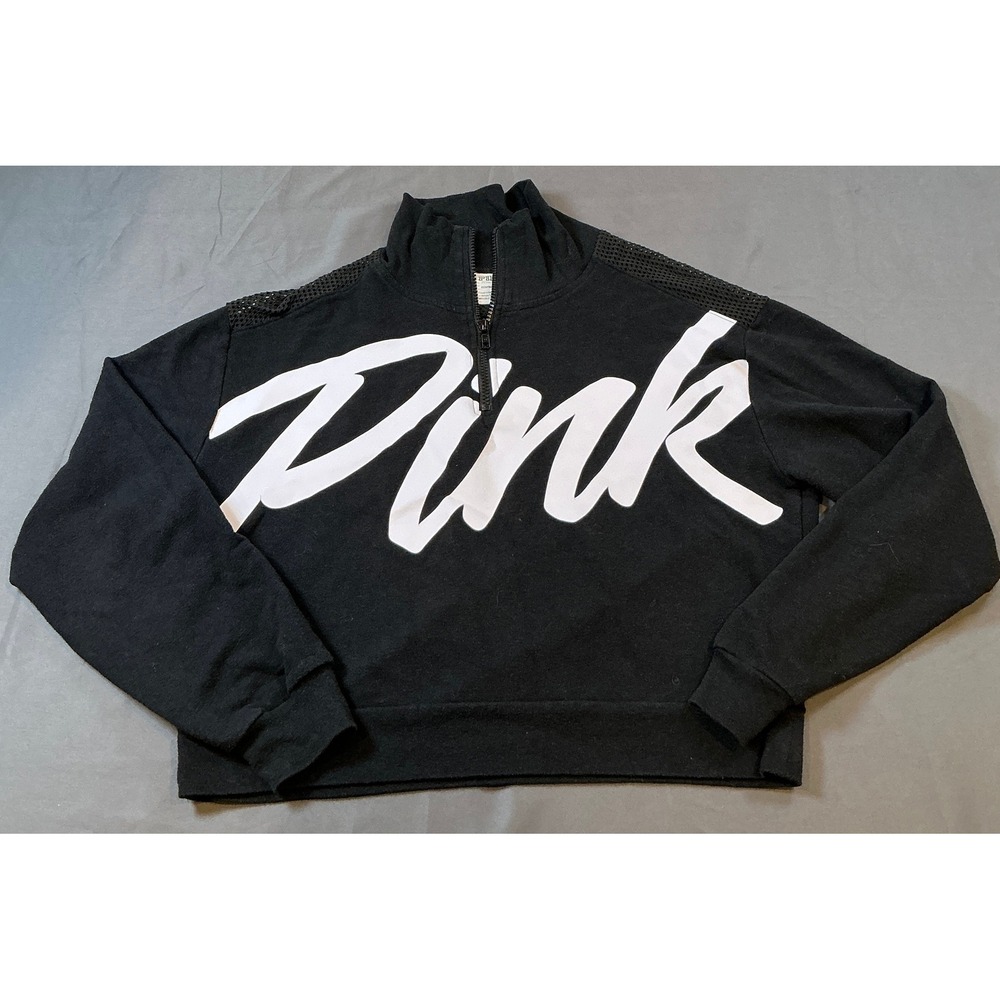 Pink Victoria's Secret Quarter Zip Sweatshirt Black Mesh Logo Crop XS 379719-93Q